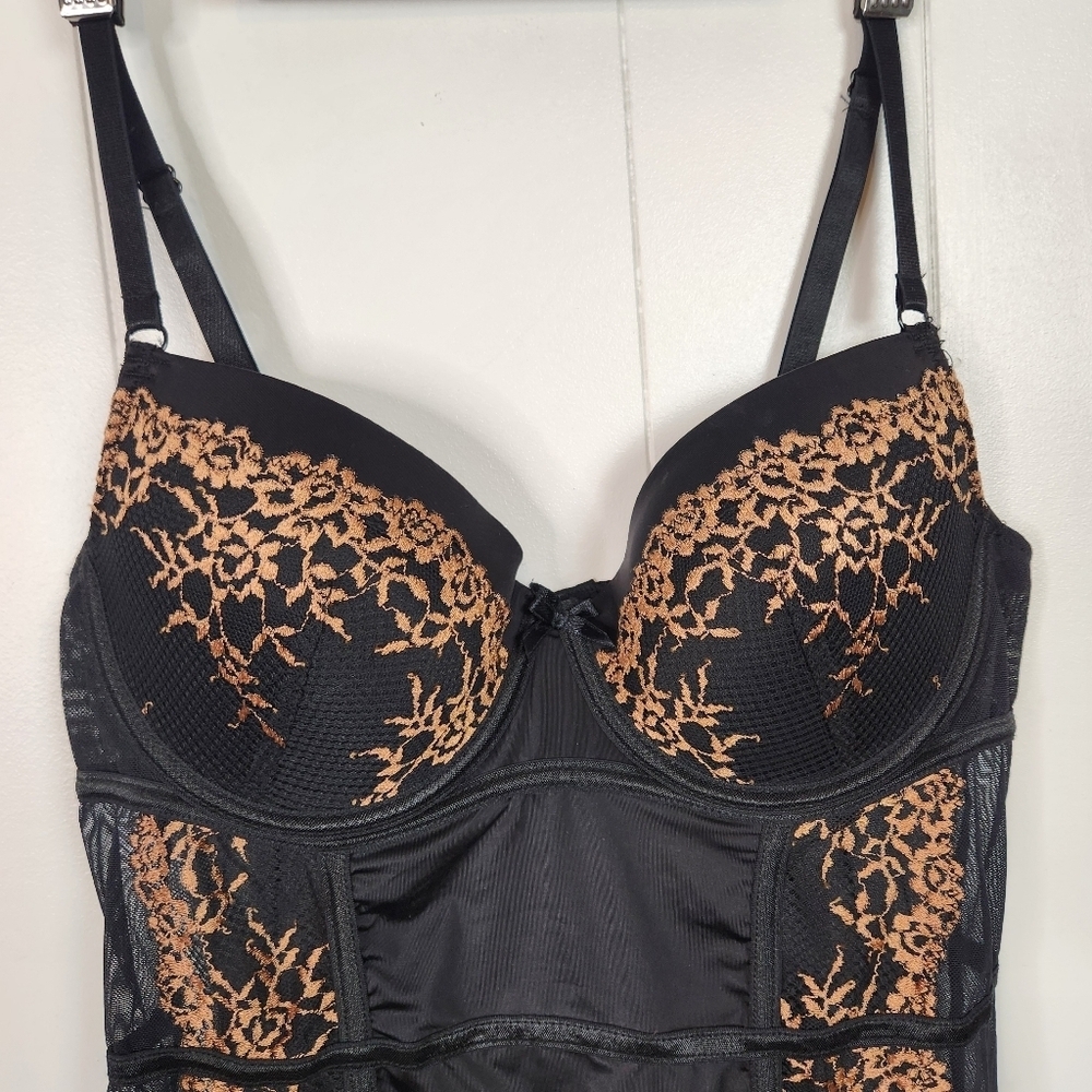 La Vie en Rose Black Gold Lace Mesh Lingerie Teddy Slip Size Medium Underwire - Picture 3 of 7